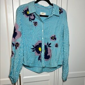 Anthropologie Maeve Teal Striped Shirt with Floral Embroidery